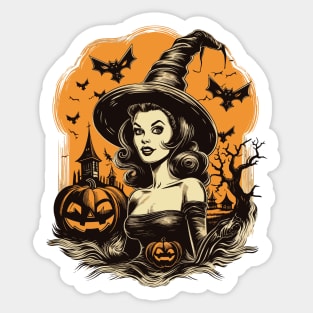 Retro Halloween Witch Girl with Pumpkins and Bats Sticker